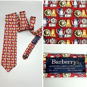 Burberry Silk Neck Tie Red Teapots Print Vintage made in England Excellent